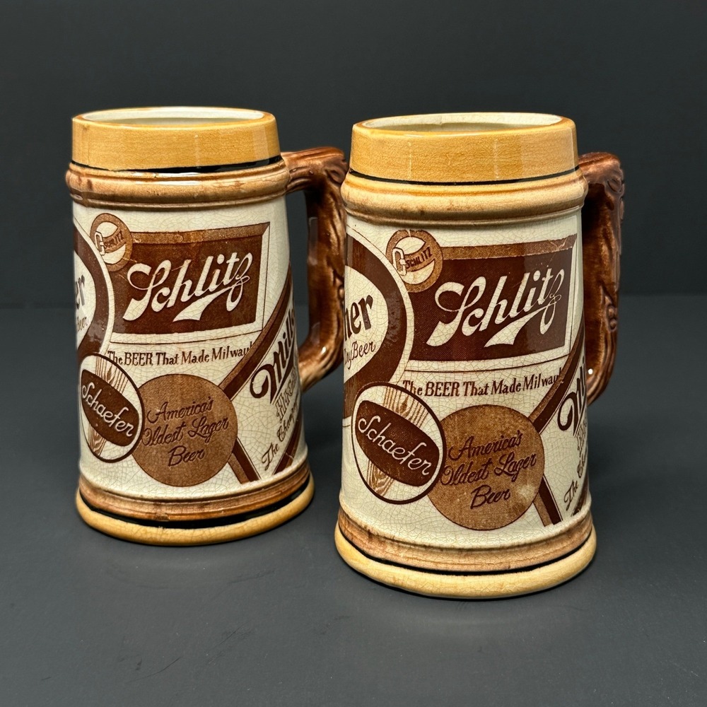 Vintage Beer Stein Mug Set 2 Schlitz Miller Schaefer Gunther Japan Barware 5.5"